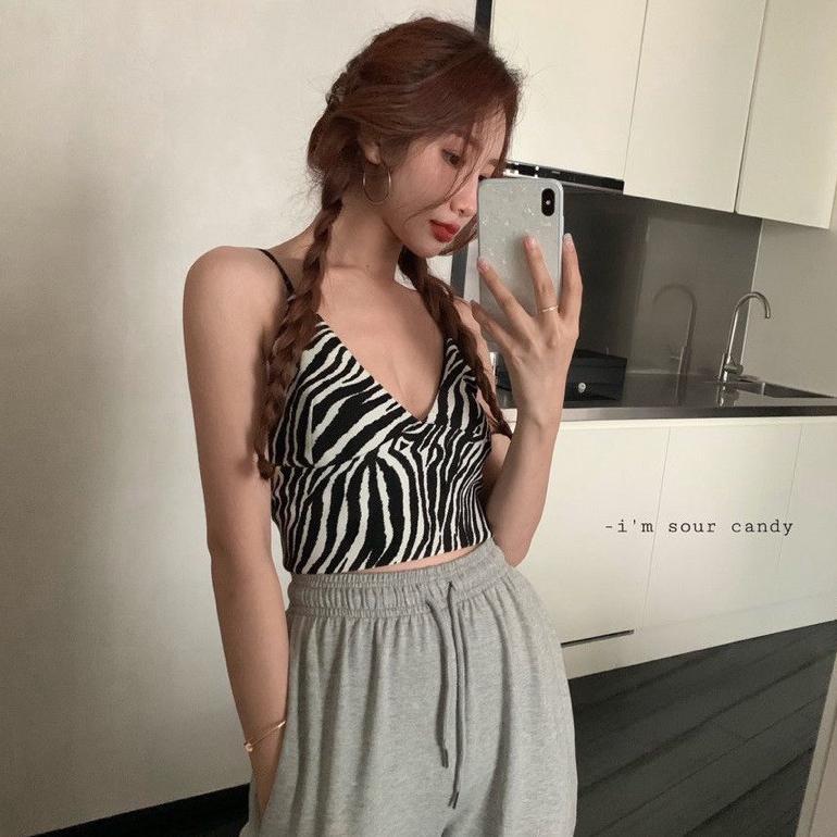 cod- Tank Top Crop Wanita Motif garis Tanktop Korean Printed Zebra Fashion
