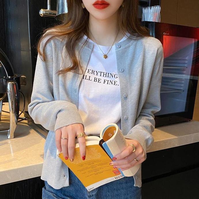 YUK CHECKOUT !! Kardigan rajutan tipis warna polos ramping lengan panjang serbaguna baru Knitwear Wa