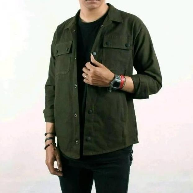 KEMEJA SEMI PARKA UNISEKS HIJAU ARMY LENGAN PANJANG BAHAN CANVAS S M L XL XXL CASUAL KEREN / BAJU KE