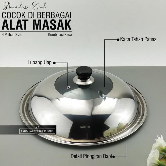 Stufato- Tutup Panci Besar Multifungsi Stainless Kaca Wajan Kuali Kukus Goreng
