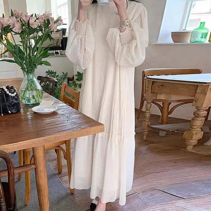 TERPOPULER Long Dress Wanita Korean Lengan Pnjang Fairy Dress Putih Simple Hijab Friendly Dress Pant