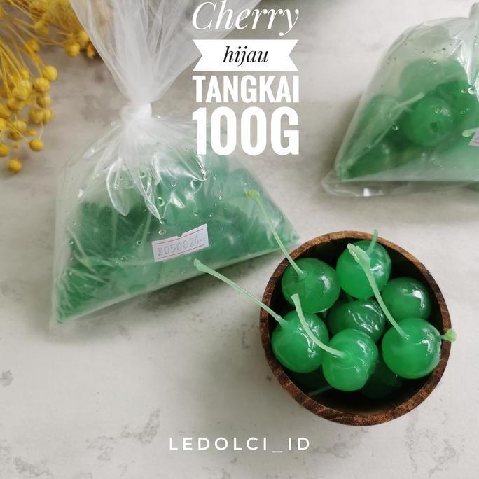 Jjd- Cherry Hijau Tangkai Ceri Hijau Tangkai Maraschino 100 Gram (Hijau)