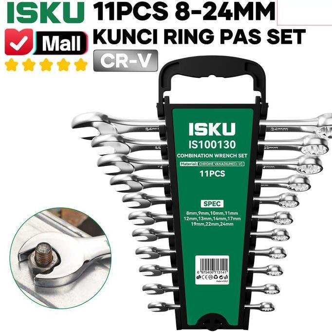 ISKU KUNCI RING PAS SET 11 PCS 8-24MM KUNCI KOMBINASI BUKA BAUT OLI MESIN MOBIL MOTOR SPANNER COMBIN