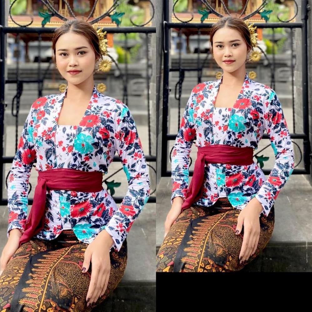 Promo Kebaya Kaos Bunga Bahan Strait Baju Kebaya Kutubaru Motif Floral Kembang Tangan Panjang Jadul 