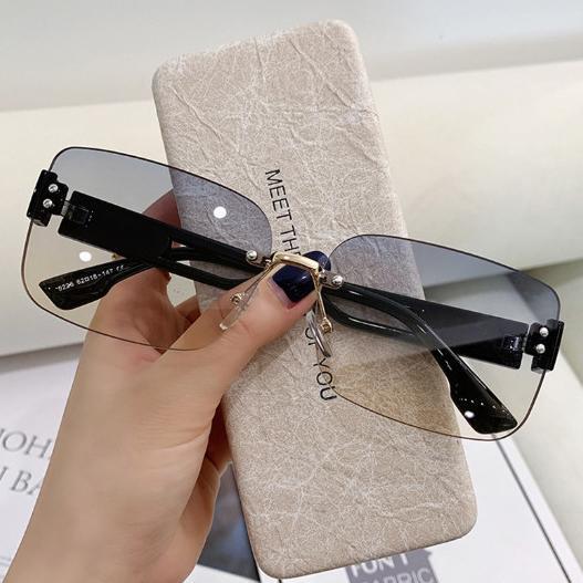 Sales Kacamata Hitam Fashion Wanita Lensa Persegi Anti Uv400 Frameless Lensa Coklat Gradasi