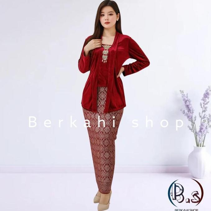 wigunadarmahi - berkahi shop setelan kebaya kutubaru bludru rok songket biru elegan untuk penampilan
