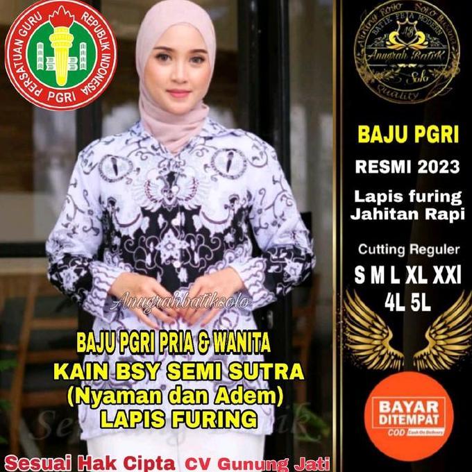 Baju Kemeja Pgri Wanita Lengan Panjang Bahan Semi Sutra Lapis Furing Warna Putih Batik Seragam  Atas