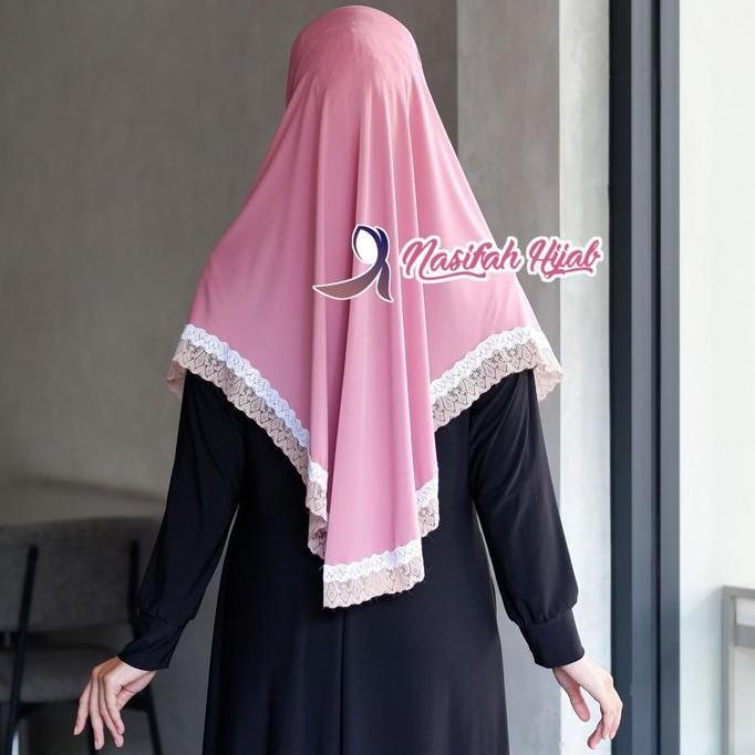 Heddosu- Nasifah Hijab -  Windri Jilbab Renda Garis Putih Coklat Kombinasi Bergo Renda Hijab Renda I