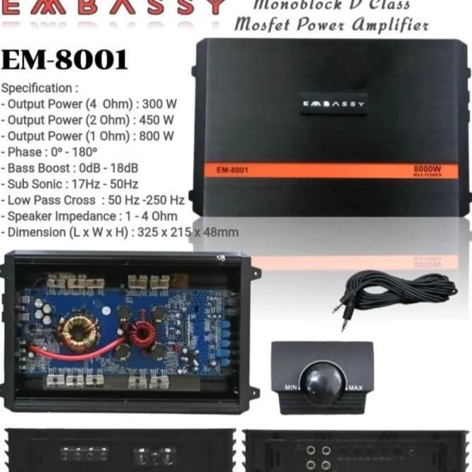 Embassy EM-800.1 Amplifier Power D Class Audio Mobil Monoblok Subwoofer