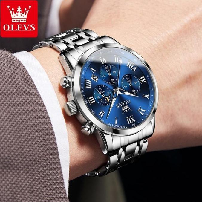 Boshi- Olevs Jam Tangan Pria Anti Air Terbaru Cowok Luminous Kalender Stainless Steel Tches For Men 