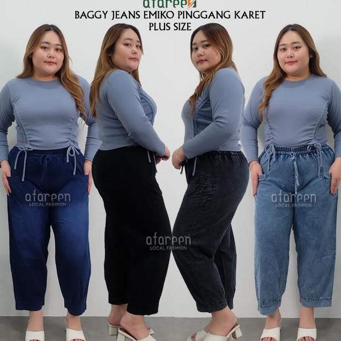 AFAREEN - Celana Jeans Wanita Jumbo Saku Depan Kulot Jeans Dewasa Pinggang Karet Emiko Baggy Pants