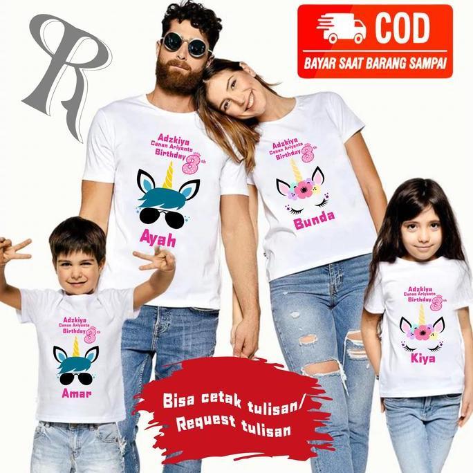 BAJU KAOS COUPLE KELUARGA | KAOS CUSTOM FAMILY CUSTOM ULANG TAHUN TEMA UNICORN - REQUEST TULISAN Kat