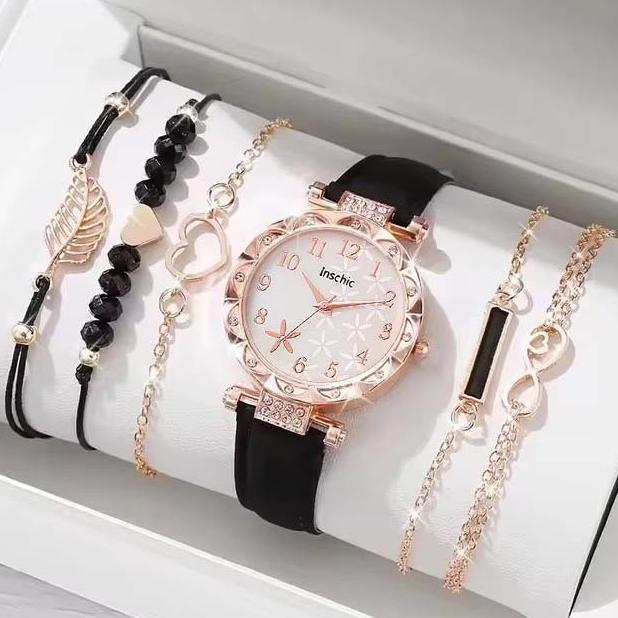HOT SALE 5PCSINS Jam Tangan Kuarsa Wanita Wanita Bunga Kuarsa Jam Tangan Arab Digital Dial Gelang Se