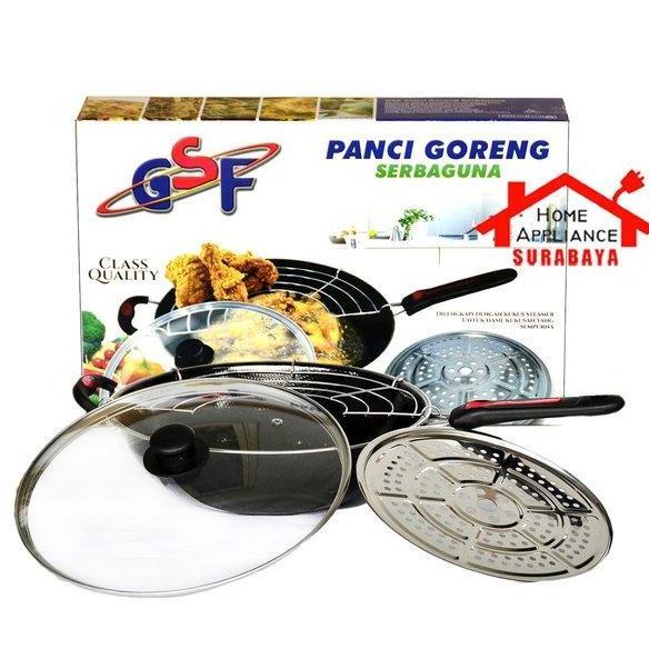 RAMEStore - Panci Wajan Goreng Enamel Anti Lengket 32 CM Tutup Kaca Tirisan Minyak dan Tempat Kukus