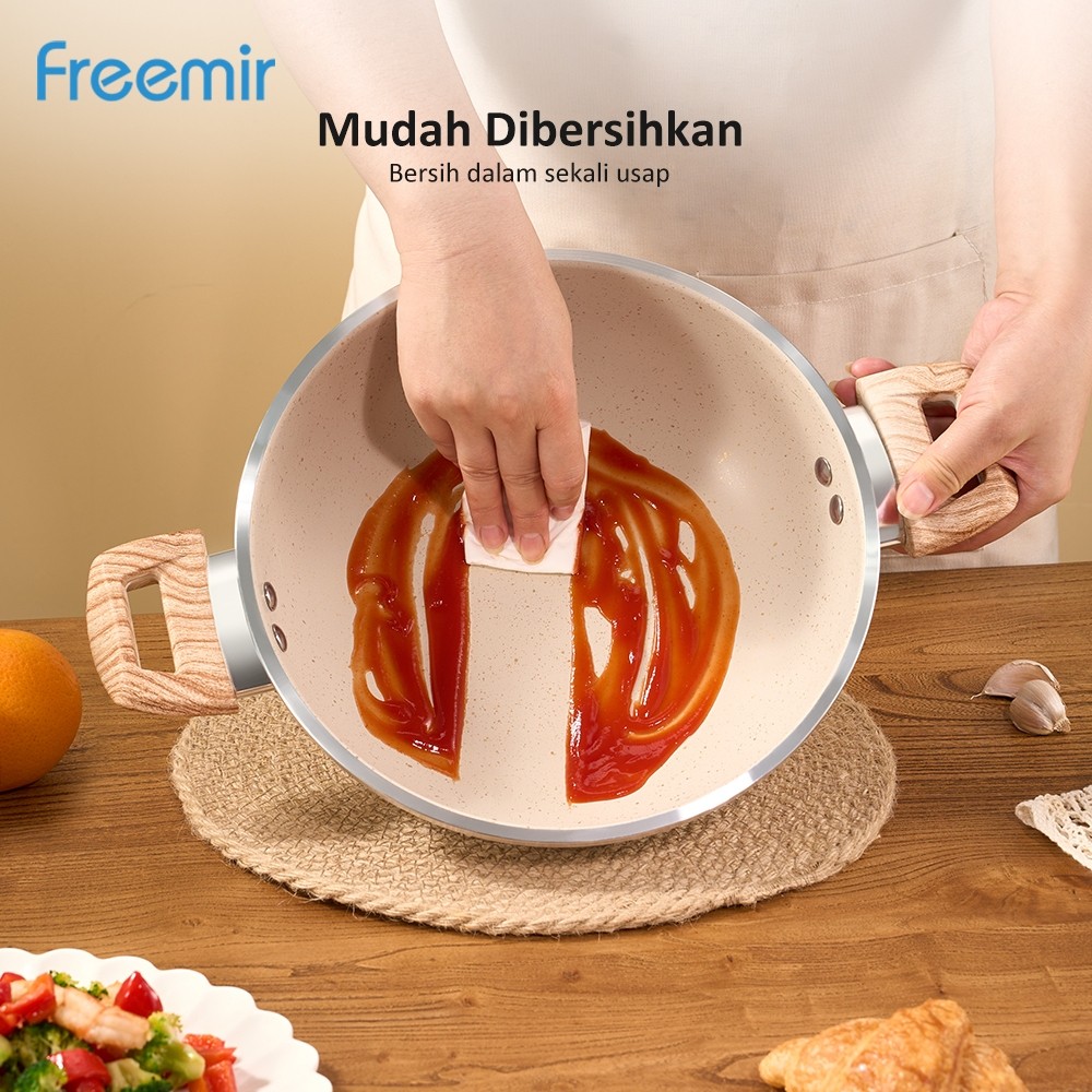 Freemir Wajan Anti Lengket  24 Cm Kedalaman 7.5 Cm Tutup Granit Anti Lengket Wajan Serbaguna Beige