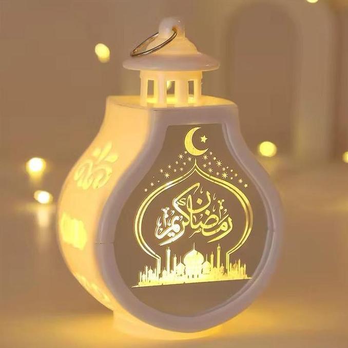 QROPSNO Lampu Hias Lentera LED Kaca Transparan Ornamen Eid Mubarak Lentera Led