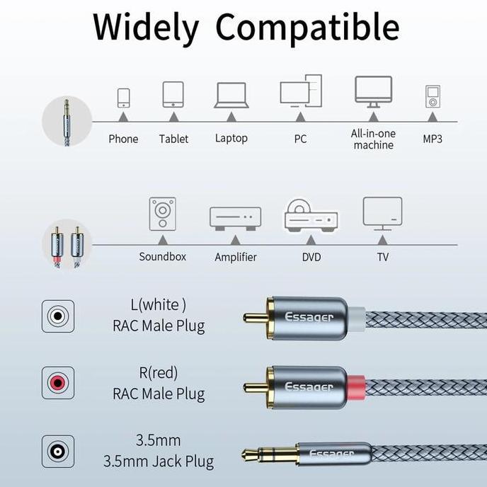 COLOCAS Kabel RCA ke Jack Aux 3.5mm - Kabel Audio HiFi 3.5mm to RCA 2 Meter - Essager AV117