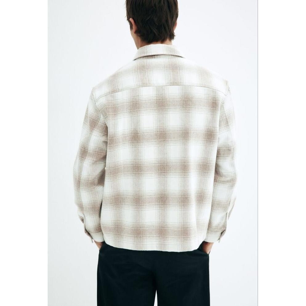 Hot Deals Hm Overshirt Shacket Flannel Pria Original Beige Plaid Kemeja Kotak-Kotak Tebal Premium Ke