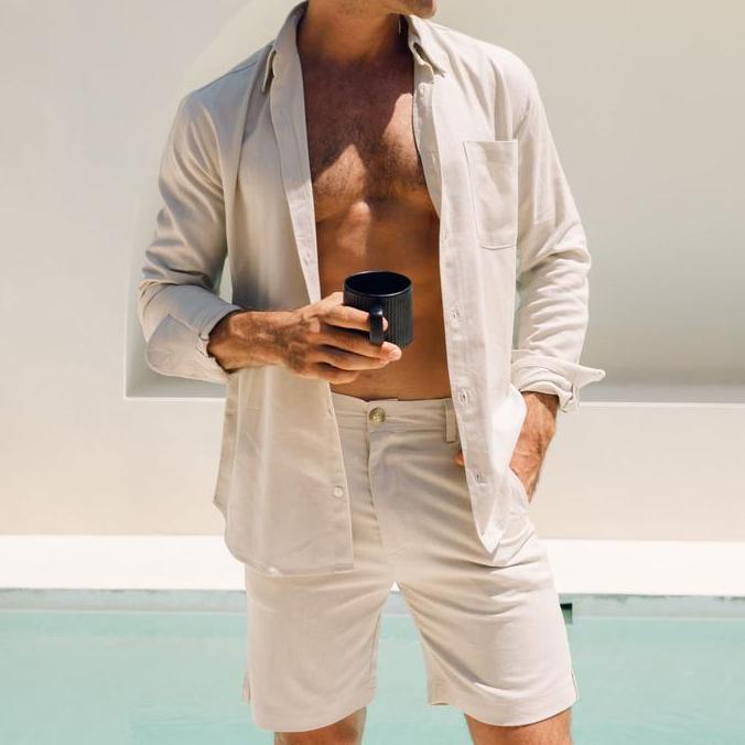 REMEDY Kemeja Set n Pria Warna Cream Gaya Kasual Outfit Pantai Liburan Beach wear - Sand n Set