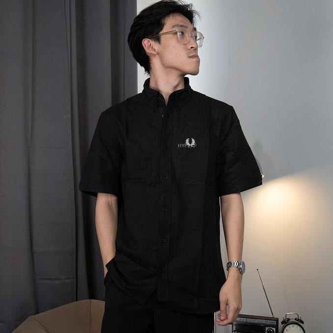 FRED PERRY Black Navy Short Sleeve Shirt Kemeja Lengan Pendek Orinal