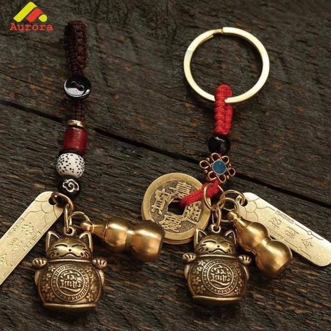 JIDZRUN Gantungan Kunci Kuningan Lucky Cat Kucing Hoki Fengshui Cina Fortune And Rich Brass Keychain