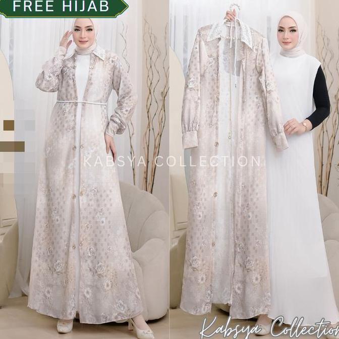 Setelan Gamis Premium Aliyah Outer Cerutty Babydoll Motif Bunga dan Inner Polos Setelan Gamis Pesta 