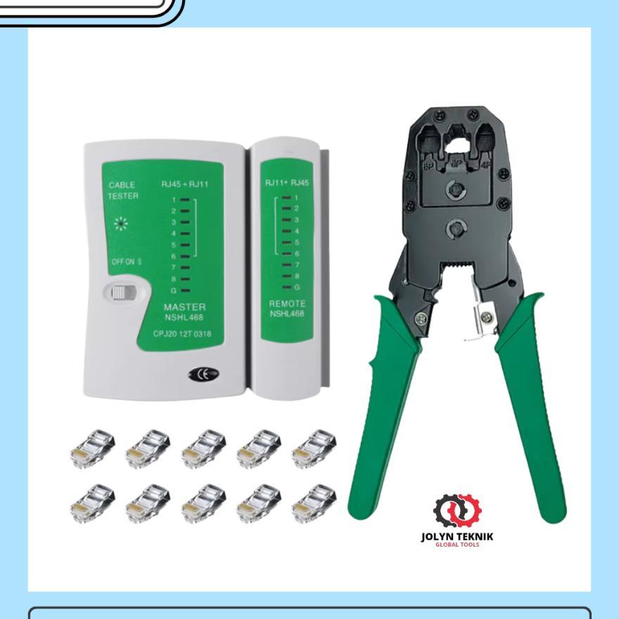 Set Crimping Tang + Lan Tester Rj45 10 Pc Network Lan Cable Tester Konektor