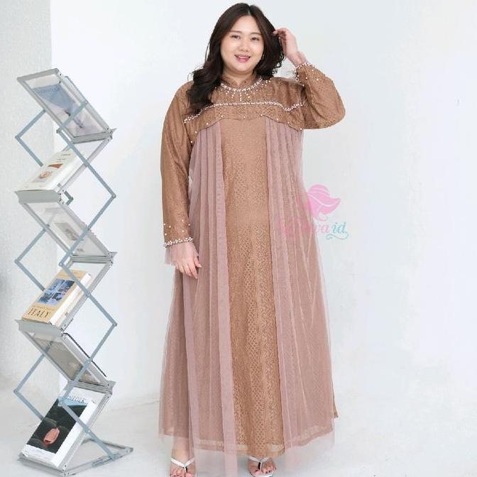 NEW JUMBO GAMIS ALLORA BRUKAT MUTIARA TILE LD 130 DAN 140 CM PESTA BROKAT ORI