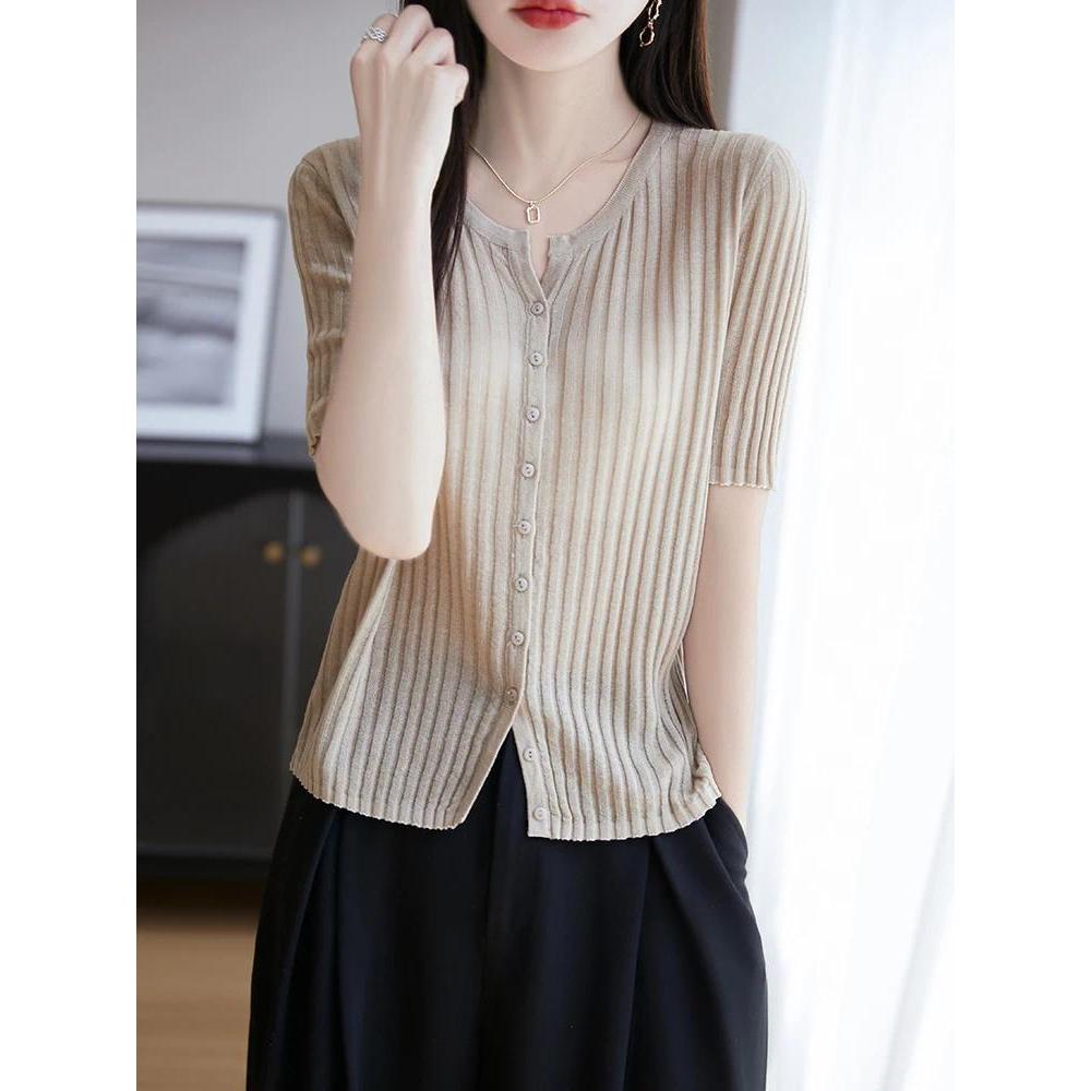 Elegant French Retro Knit Top Short Sleeve Cardigan Knitwear Women Lyocell Linen Ribbed Tee Button-F