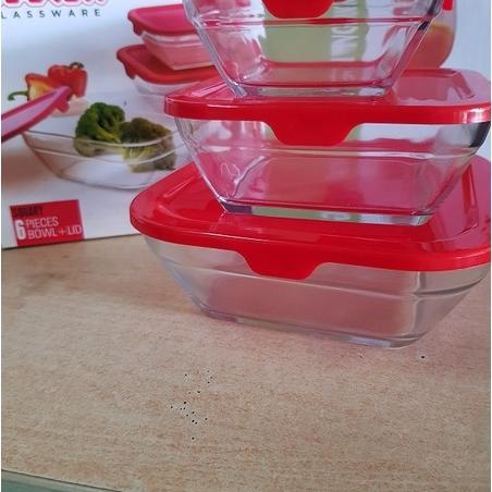 1 Set Mangkok Kaca Tutup Kotak Isi 3 Pcs |Mangkok Kaca|Mangkok Sayur |Mangkok Bekal|Mangkok Souvenir