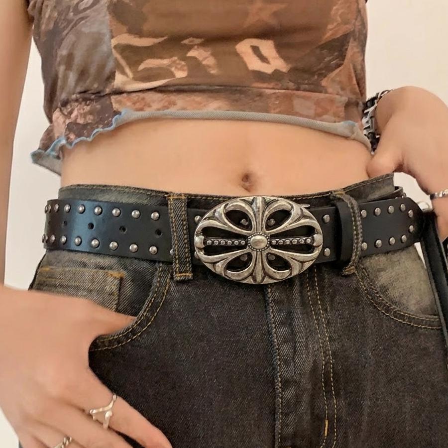 Ikat Pinggang Pria Wanita Kulit Pu Paku Keling Gesper Metal Hitam Fashion Korea Serbaguna Untuk Jean