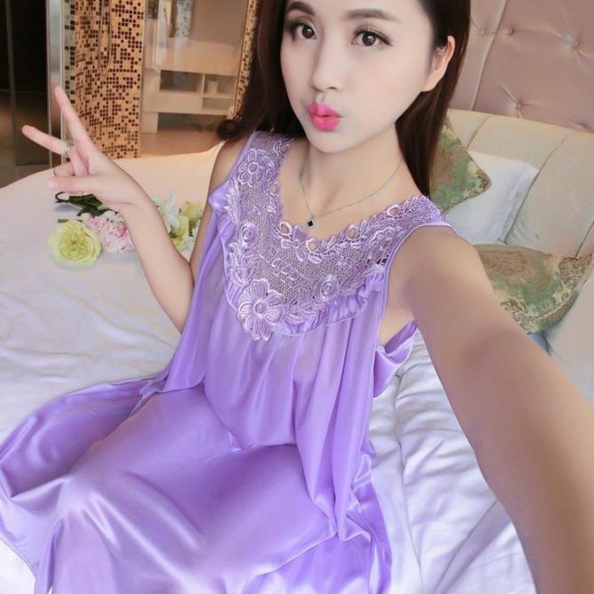 Vestito- {Exos} Set Daster Baju Tidur Nita Renda Satin Lembut Panjang Lingerie Dress Piyama 1108