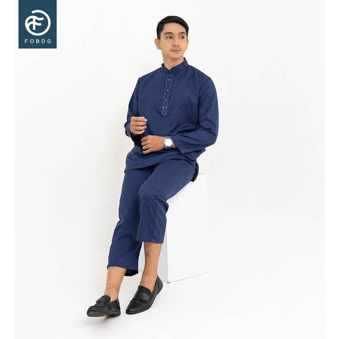 Baju Celana Koko Setelan Hadi Biru Navy Lengan Panjang Set Polos Pakaian Gamis Muslim Pria Dewasa Ka