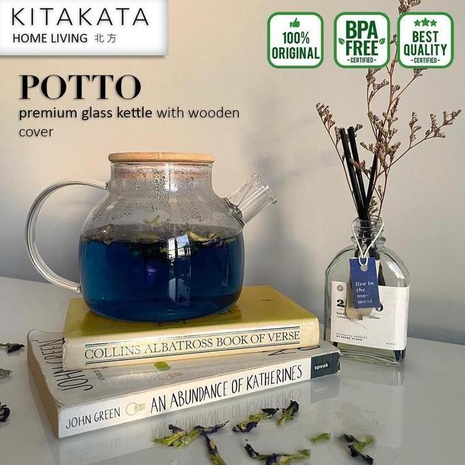 POTTO Teapot Teko Teh air panas kaca dengan tutup kayu anti panas High Borosilicate berkualitas tekk