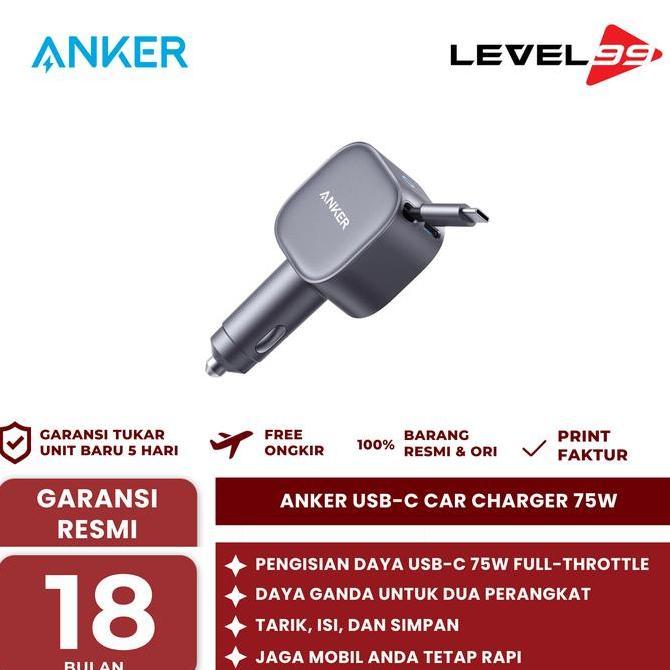 Anker USB-C Car Charger 75W Max Ultra-Compact Type-C Fast Car Charger with Built-in Retractable Cabl