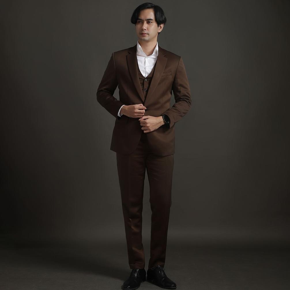 Best Seller Setelan Jas Celana & Rompi Pria High Quality - Coklat - Goldy Outfit