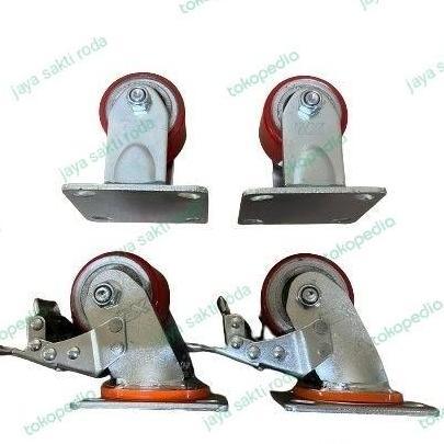 RODA PU MERAH HEAVY DUTY 3 INCH ( 2 HIDUP + REM + 2 MATI ) TERBAIK
