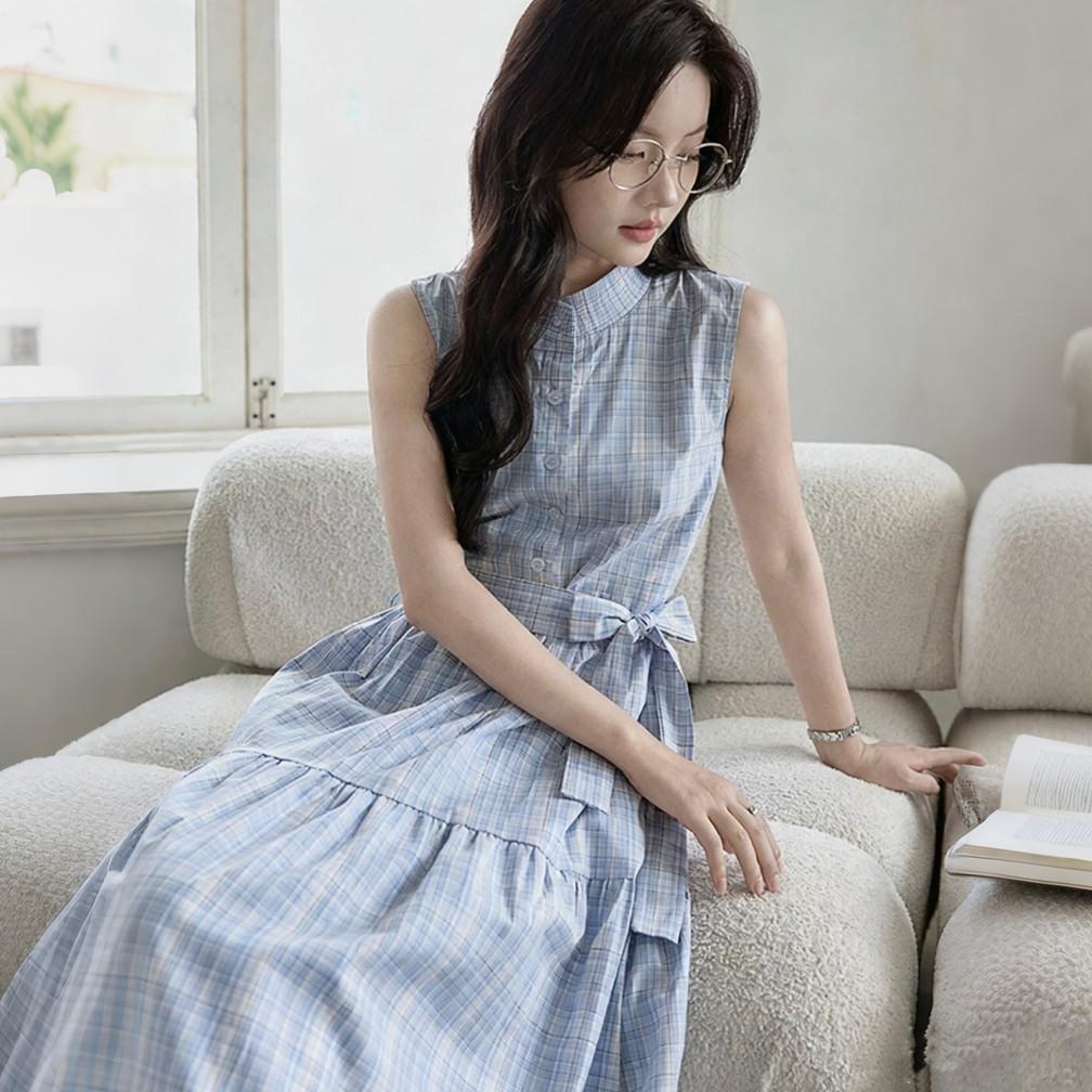 NEW Gaun Midi Kotak-Kotak Biru Lembut Tanpa Lengan / Dress Kondangan Kasual Wanita M729