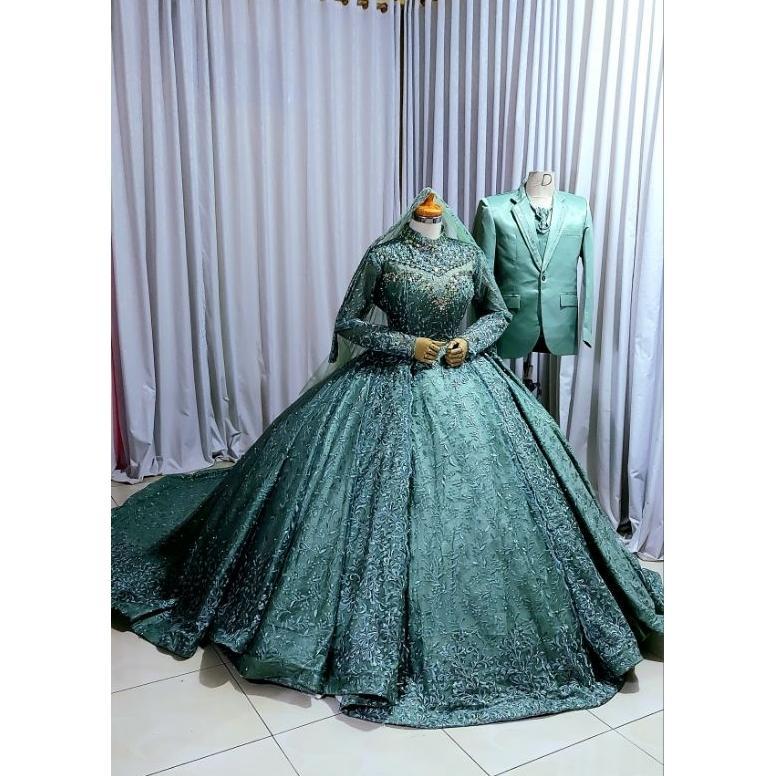 Diskon Sepasang Gaun Pengantin Hijau Wardah Lengkap Jas