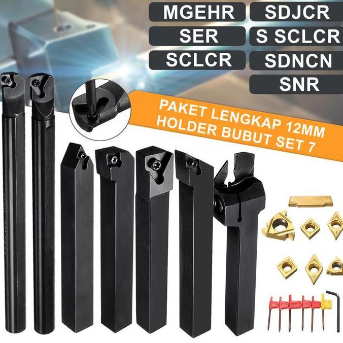 TERAR Pahat Bubut Set 7 Pahat Bubut Luar dan Dalam 12 mm Boring Holder Bubut