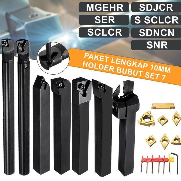 TERAR Pahat Bubut Set 7 Pahat Bubut Luar dan Dalam 10mm Boring Holder Bubut