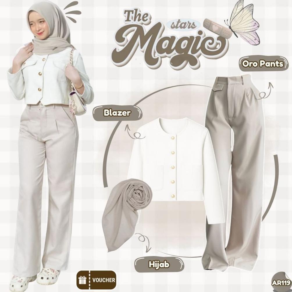 Premium One Set Wanita Korean Style (Gemma Blazer+Oro Pants+Hijab Ivory) Ootd 3In1 Look Simpel Elega