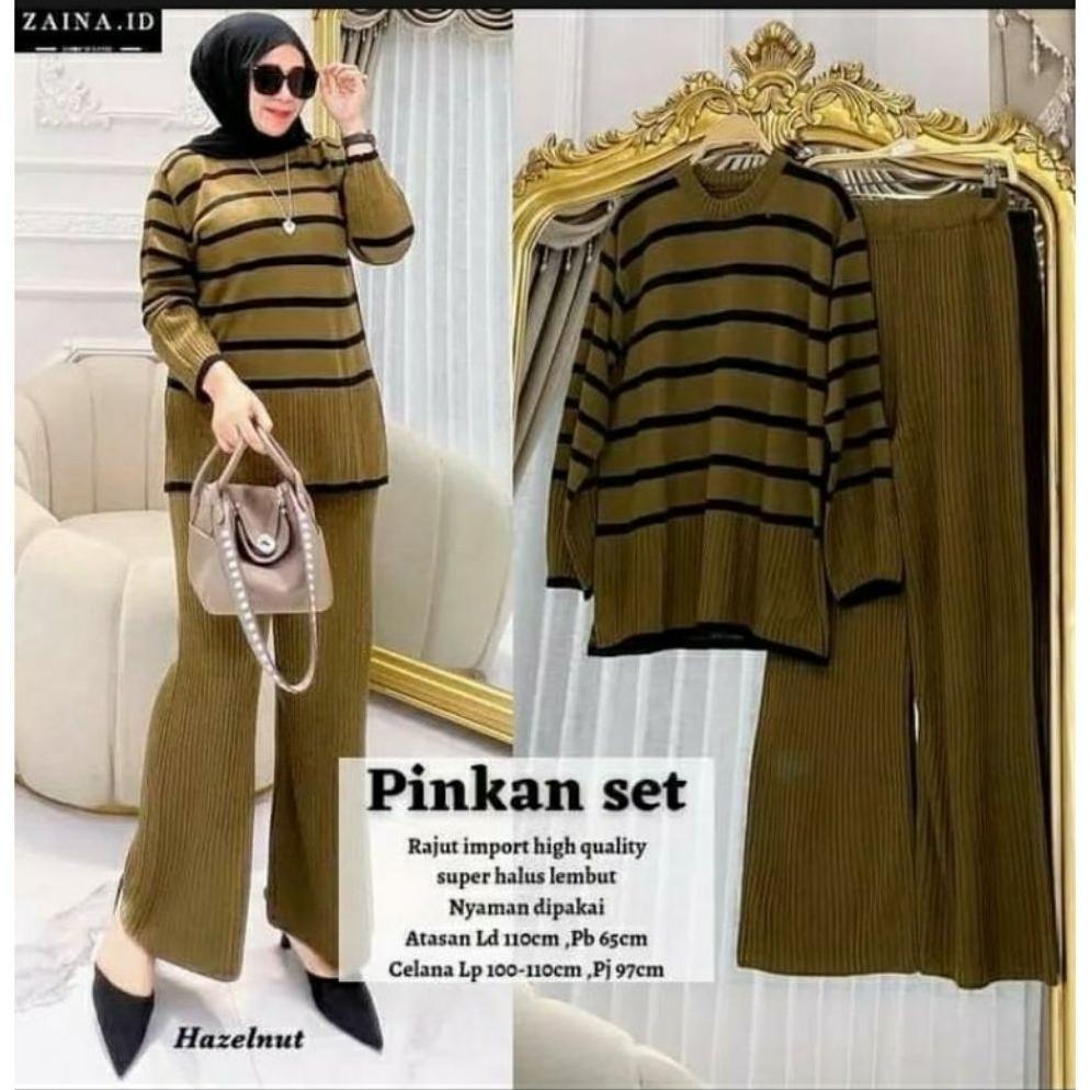 Gratong Atasaan Setelan Pakaian Set Wanita Pingkan Stelan Rajut Kekinian Motip Garis Garis