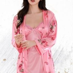 Saless {Dejourney} Set Kimono Satin + Lingerie Wanita Pink - Pakaian Tidur Elegan Dengan Motif Bunga