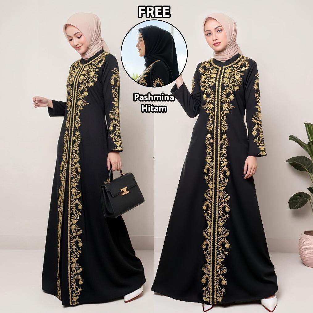 BEST SELLER BAJU GAMIS ABAYA TURKEY 213 BORDIR GOLD HITAM DUBAI TURKI ARAB SIZE S M L XL LD 100 105 