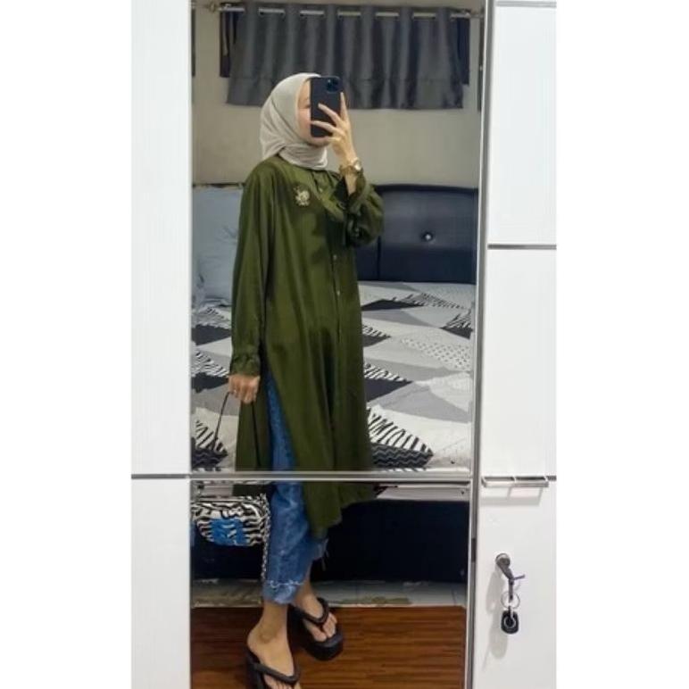 SUPER DEAL Rhai Long Tunik Polos Tunik Lengan Panjang Atasan Tunik Wanita Kekinian