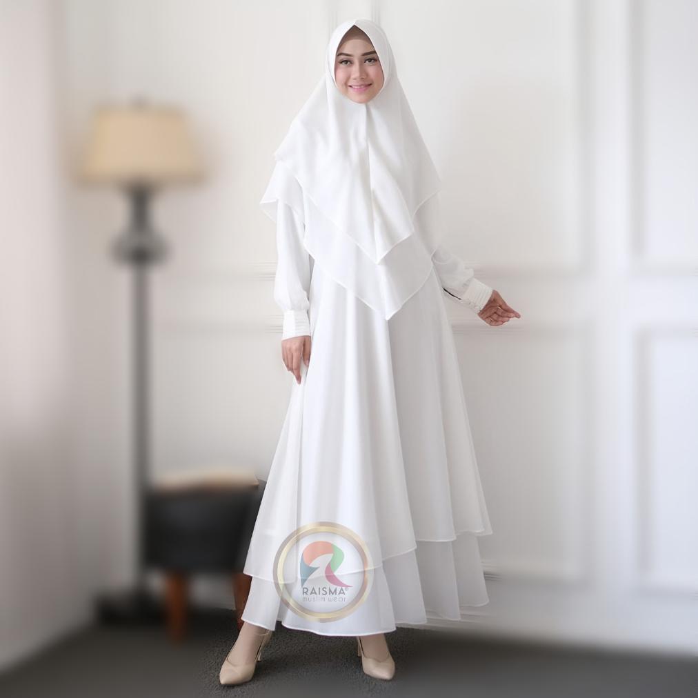Nnbbeauty Gamis Syari Ceruti Babydoll Premium Set Khimar Antem Baju Umroh Haji Putih Mewah