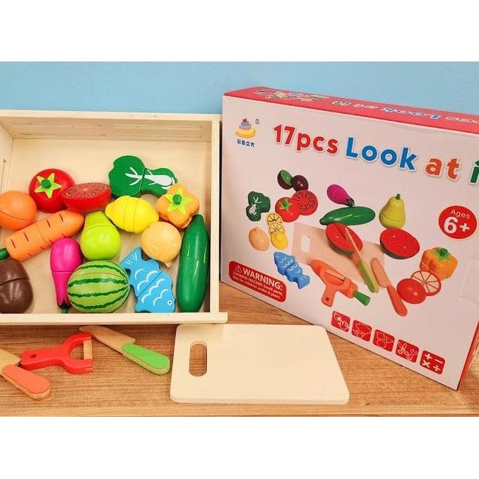 Yoviseban - 17Pcs Look At It Mainan Masak Masakan Wooden Toys Mainan Kayu Mainan Dapur Anak Perekat 