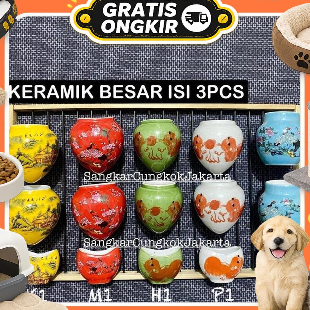 Cepuk Keramik Sangkar Burung Besar Murai Hwamei Anis Set 3Pcs