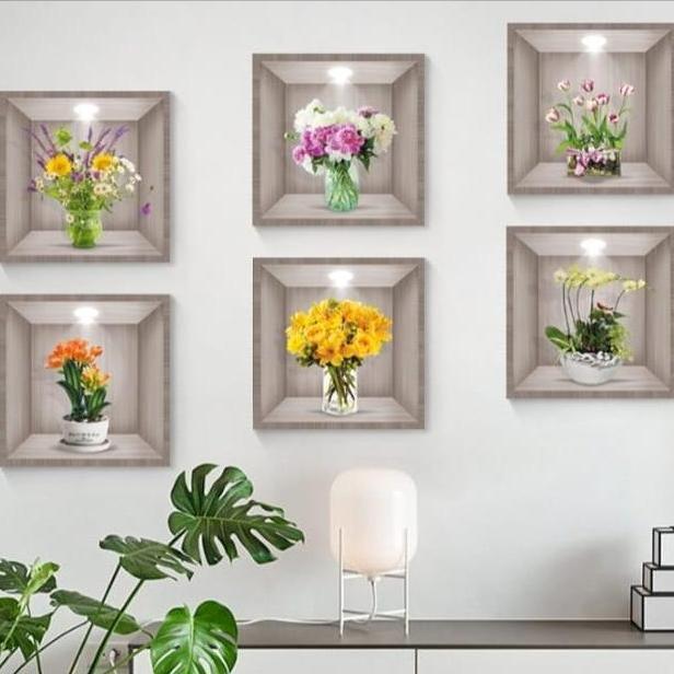 Wallpaper Stiker Dinding 3 Dimensi Motif Bunga Bunga Dalam Pot 6 Pcs